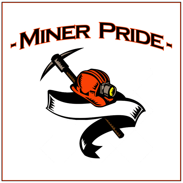Orange miner's hat with a ax